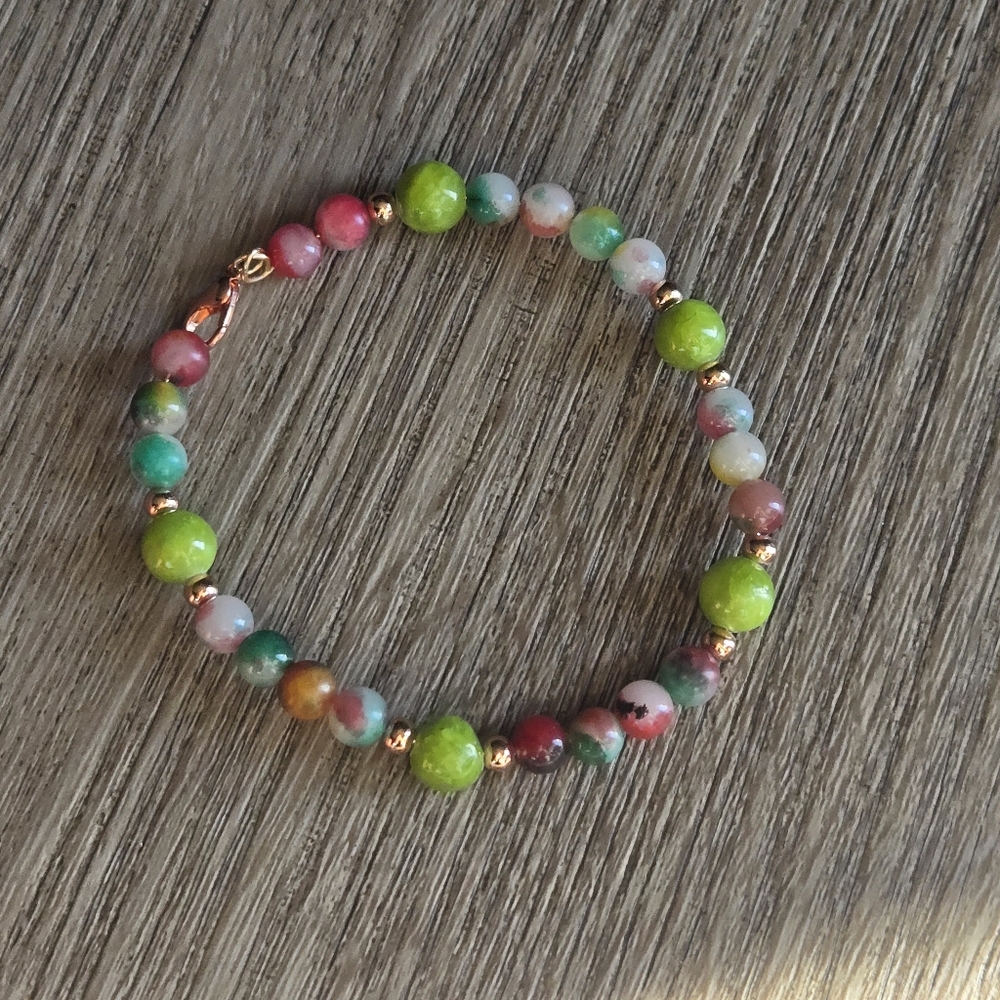 Multicolor Jade Bracelet | 6mm Gemstone Beads with Gold Accents | - Picture 2 of 2